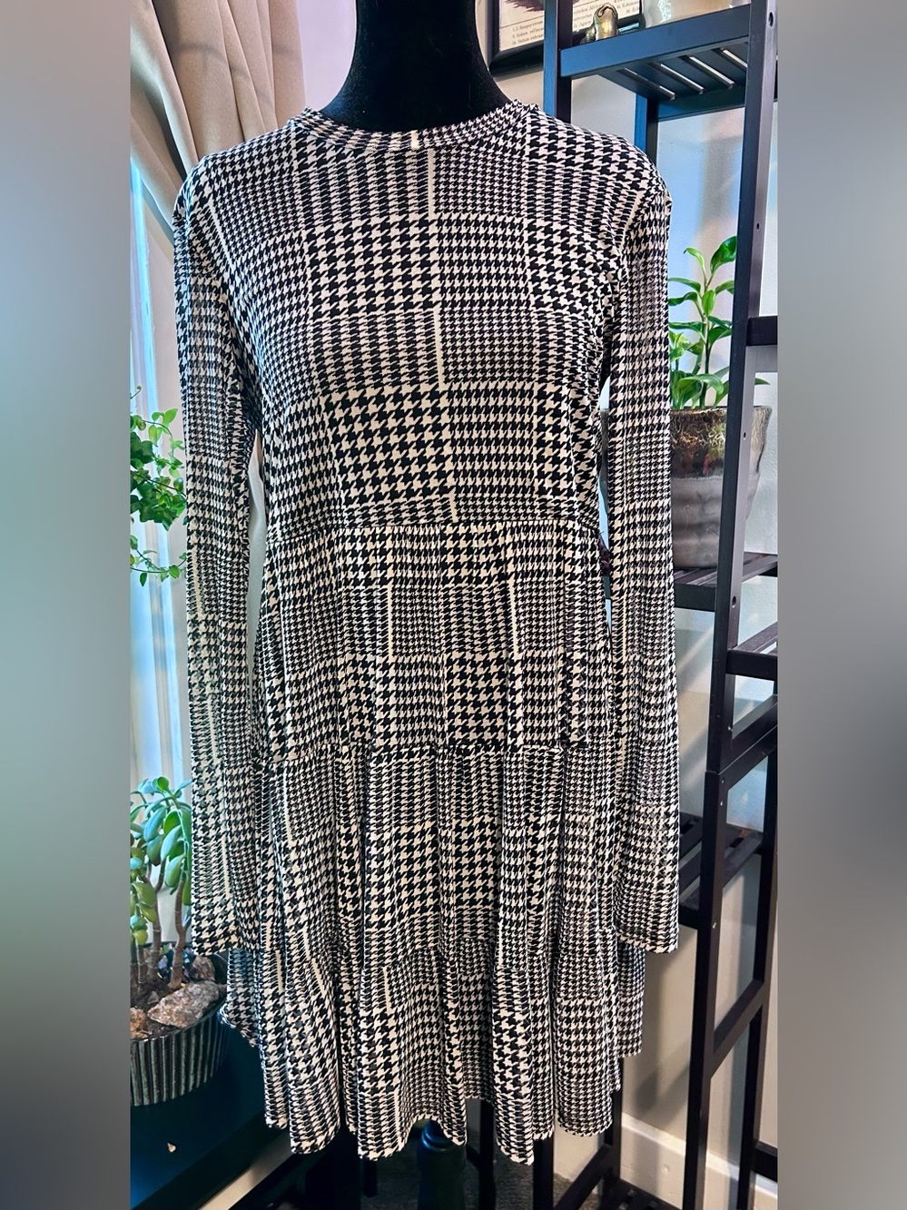 Lily Rose Black & White Houndstooth Long-Sleeve Fit-and-Flare Dress